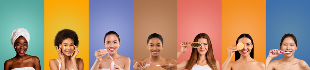 Wall Mural - A group of diverse women are shown in a colorful studio setting, each performing a different daily skincare or hygiene routine. The women are smiling and appear to be happy and confident.