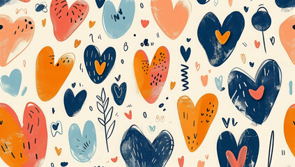 Hand drawn seamless pattern with various elements like hearts spots and shapes with space for text
