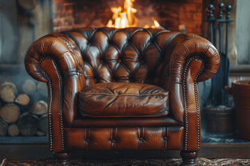 Sticker - A well-worn leather armchair beside a roaring fireplace. Concept of comfort and timeless interior design. Generative Ai.