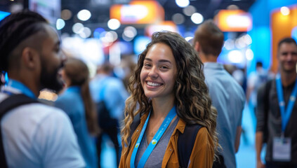 A diverse group of attendees engage in a lively conversation at a technology-themed booth during a busy conference