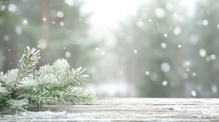 Wall Mural - A snow covered tree branch sits on a wooden table