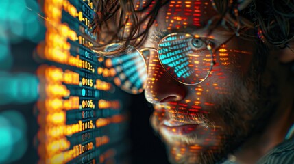 A close-up of a male face with glasses, intensely looking at a screen with colorful coding and data reflections on his face, suggesting deep concentration on programming or data analysis.