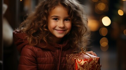 Wall Mural - Smiling young girl with a striped gift box in front of a decorated Christmas tree beside.