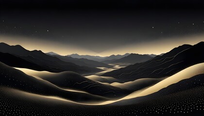 A black and gold landscape with mountains and a river, creating a minimalist and elegant aesthetic.