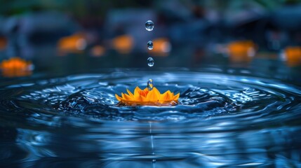 Water Droplet Splashing on a Yellow Flower in Water