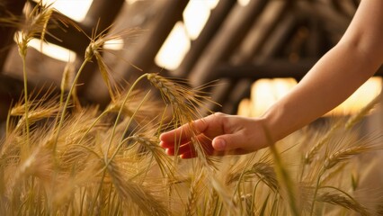 Wall Mural - A person reaching out to touch a wheat field in the distance, AI