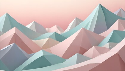 Wall Mural - A 3D rendered, abstract, landscape of pastel-colored, geometric mountains against a pink background.