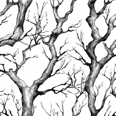 Black and white branch illustration with seamless pattern in monochrome, drawn by hand in monochrome watercolor