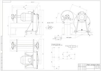 Wall Mural - assembly drawing of reducer. vector working drawing of steel mechanical device with shaft, gear, ele