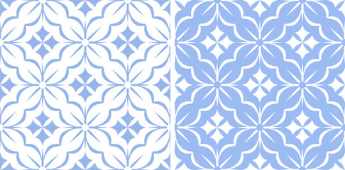 Sticker - Set of Seamless Geometric Diagonal Checked Light Blue and White Patterns. 