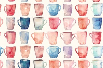 Wall Mural - Stylish watercolor and gouache cups and mugs seamless pattern. Suitable for wallpapers, gift wraps, textiles, surface design and backgrounds.