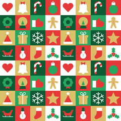 Wall Mural - Modern geometric christmas mosaic seamless pattern. Abstract xmas holiday icon background with traditional winter decoration. Festive party invitation texture, minimalist december event print.