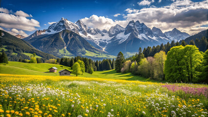 Poster - mountain landscape in the Alps with blooming meadows, summer mountain travel