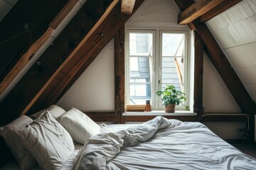 Wall Mural - Interior of a attic bedroom with wooden beams and white linens