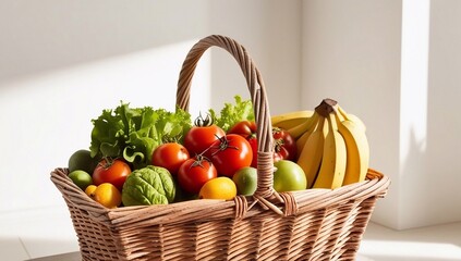 Wall Mural - Wicker grocery basket filled with a variety of fresh fruits and vegetables