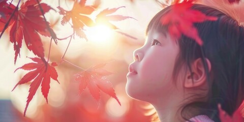 Wall Mural - A young girl gazes upward, her face illuminated by the warm glow of the setting sun, as crimson maple leaves dance around her