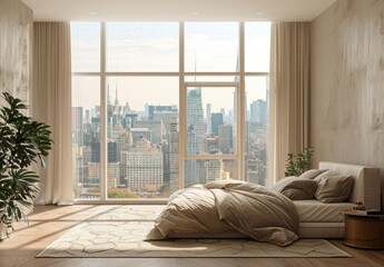 Wall Mural - Luxury bedroom with big window and city view.