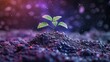 © Sergey - A small plant sprouting from the ground in a high-tech, futuristic setting. The image has a cinematic, 8K quality with a vibrant, colorful background.