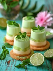 Gourmet Lime and Mint Panna Cotta on Cookies with Fresh Garnish and Flowers