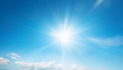 Sun light flare on blue sky background. Vector sunny summer background with sunbeams