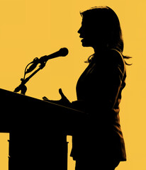 side view semi-silhouette of a female speaker at a podium, yellow background