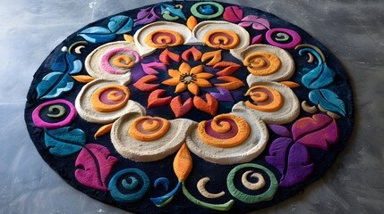 Wall Mural - Colorful floral swirl rangoli with intricate designs on a dark background