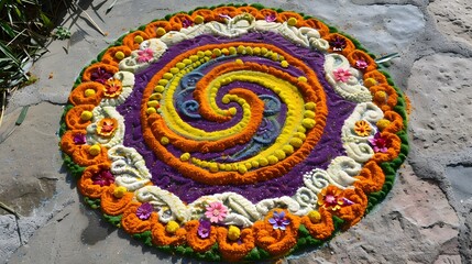 Wall Mural - Floral swirl rangoli with vibrant colors on a stone background