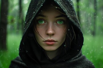 Vampire woman in black with hood and mantle