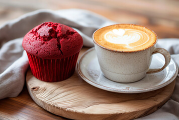 Wall Mural - A muffin with a hot cappuccino on a vintage plate. A relaxing coffee break with a fresh velvet muffin on a wooden table.