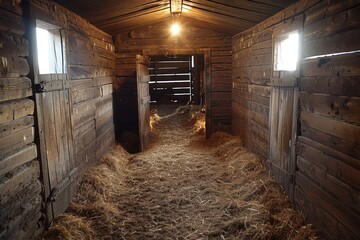 Rustic wooden barn interior with open doors, natural light streaming in, and hay strewn across the dirt floor creating a warm, cozy atmosphere