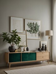 Modern living room features wooden sideboard with green drawers against gray wall, adorned with three framed artworks. Above sideboard, two larger frames contain botanical illustrations.