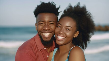 Wall Mural - Loving black couple embracing having fun at the beach