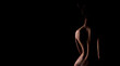 © Prostock-studio - The image captures the silhouette of a womans back, illuminated from behind, against a dark background. Her body is posed in a contemplative stance, with one hand resting on her hip, copy space