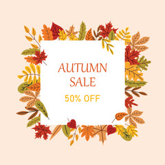 Template of square fall banner decorated with fallen tree leaves. Autumn Sale. Cute frame made of dry leaves. Decorative natural flat vector illustration for seasonal sale, advertising.