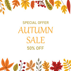 Cute fall banner template. Frame of fallen leaves. Autumn sale. Decorative natural flat vector illustration for seasonal sale, advertising.