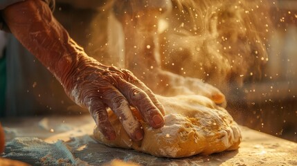 Wall Mural - closeup of weathered hands kneading artisanal bread dough flour dust hangs in air illuminated by warm sunlight rich textures of dough and wooden work surface visible