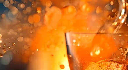 Wall Mural - A closeup of a carbonated beverage showcases numerous bubbles rising in amber liquid The image captures the effervescence likely indicating a refreshing drink such as soda or beer The warm 4k animatio