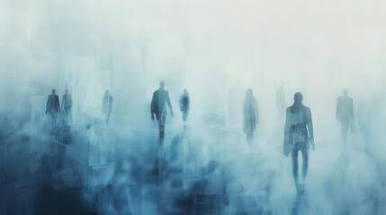 Wall Mural - ethereal business professionals traversing a dreamlike corporate landscape their forms blending into swirling mists of muted blues and grays soft focus creates an atmosphere of constant motion