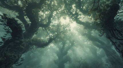 Wall Mural - ethereal misty forest towering ancient trees emerge from swirling fog soft diffused light filters through the canopy creating a mystical and serene woodland atmosphere