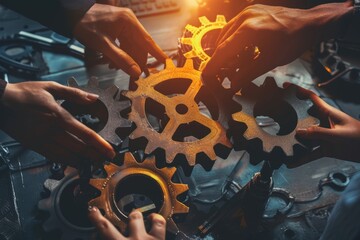 Business professionals in a conceptual image connecting gears in a photography shot