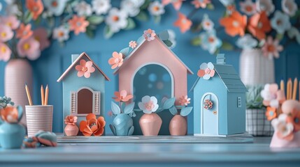 Poster - Miniature paper houses and flowers on a blue table. AI.