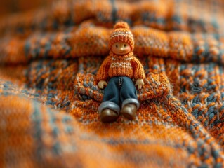 Sticker - A small doll wearing a knitted sweater sits on a colorful knit blanket. AI.