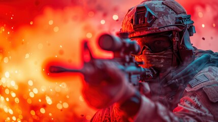 Poster - A soldier aims a rifle in a fiery, smoke-filled environment. AI.