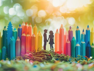 Canvas Print - Colorful pencils with silhouettes of a couple standing in front. AI.