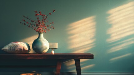 Living room: table, vase, pillow by light wall