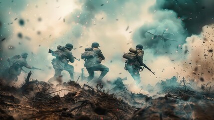 Wall Mural - gritty world war ii battlefield scene with soldiers in action desaturated color palette emphasizes historical setting smoke and debris create tense atmosphere focus on camaraderie amidst chaos