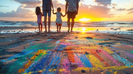 Sticker - A family creates colorful art on the beach at sunset. AI.