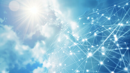 Wall Mural - abstract white lines and nodes creating a digital network and global connection pattern on a blue sk