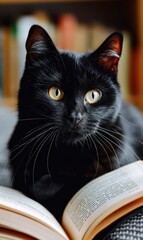 Wall Mural - A black cat with piercing eyes looks intently at the camera while resting on an open book. AI.