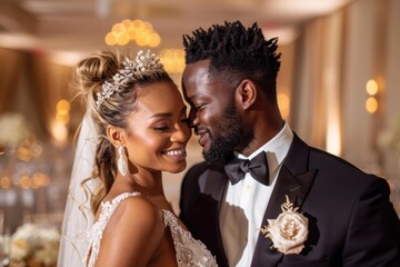 Sticker - A newly married couple shares a loving moment at their wedding reception. AI.